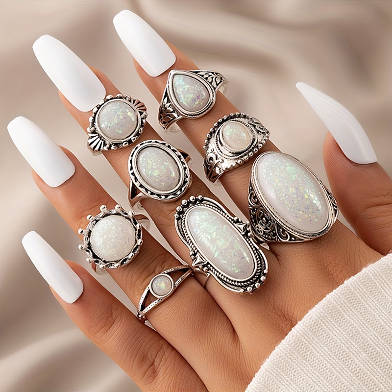 

8 Pieces Of Women's Geometric Circular Oval Imitation Opal Gemstone Finger Joint Ring Set, Daily Folding Bracelet