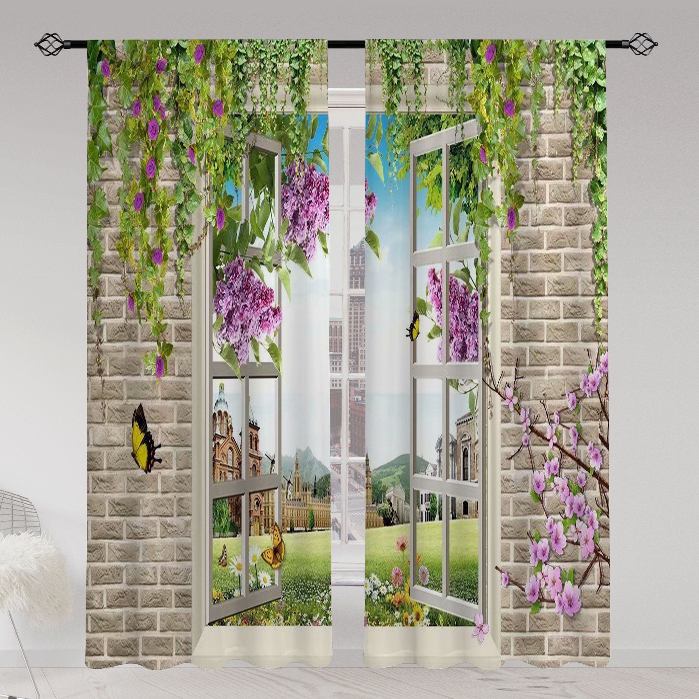 

2pcs, Fake Window Landscape Painting Violet Outside The Window Printed Translucent Curtains, Multi-scene Polyester Rod Pocket Curtain For Living Room Gaming Room Bedroom Home Decor Party Supplies