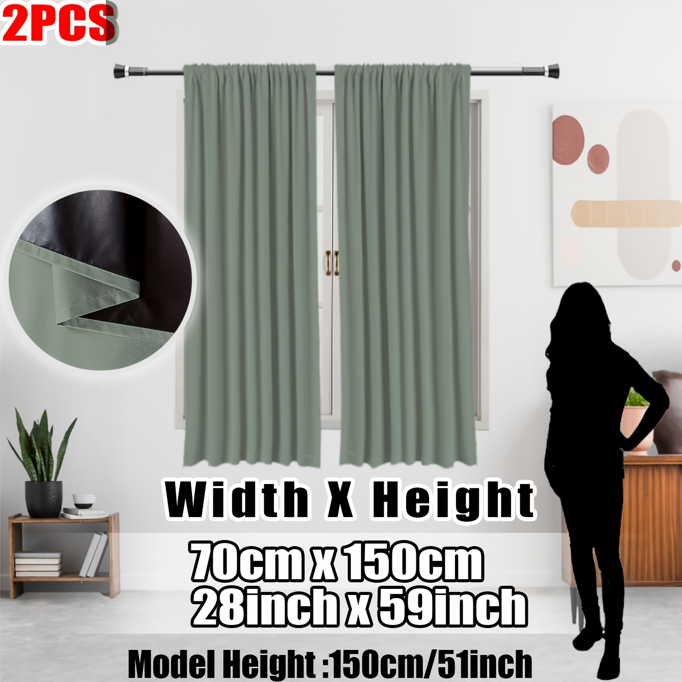 TEMU Pack Of 2, Gray-green 100% Blackout Kitchen Curtains, Rod Pocket Top, Black Inner Lining Coating, Lightweight Polyester Material, Washable,