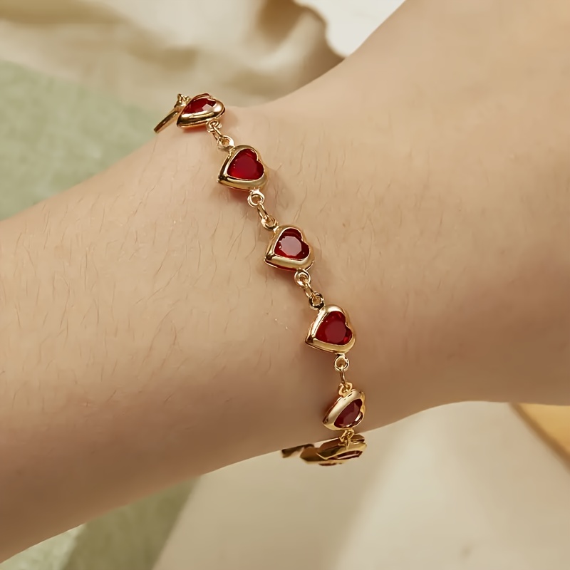 Heart Shaped Synthetic Ruby Bracelet for Women, Copper Alloy