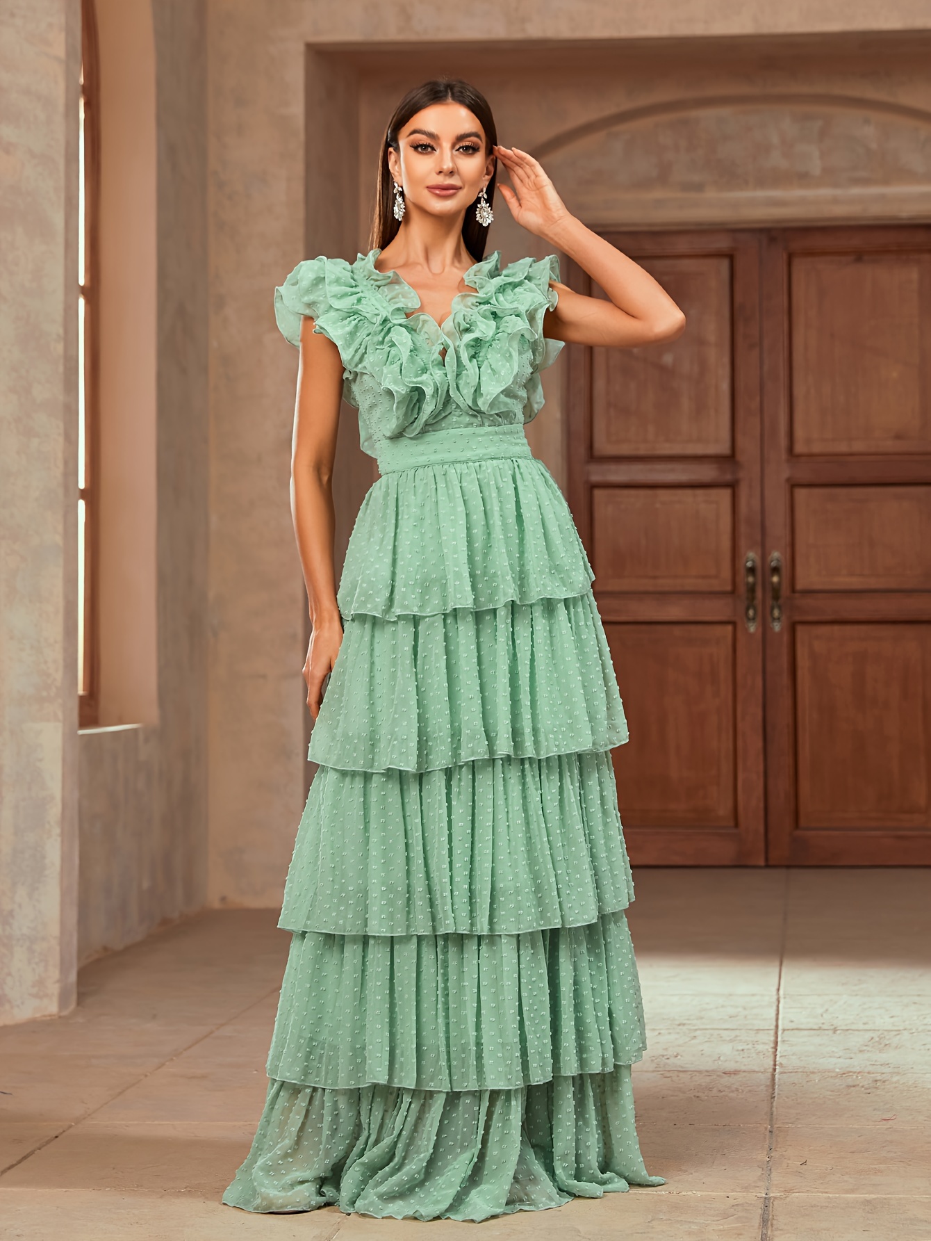 V-Neck Ruffle Trimmed Floral Chiffon Dress in Sage