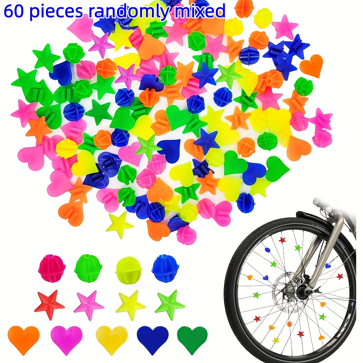 TEMU 60pcs Random Mixed Stars, Hearts And Round Beads Bicycle Spoke Beads Set - Colorful -dark Stars And Hearts Decoration, Durable Plastic Wheel