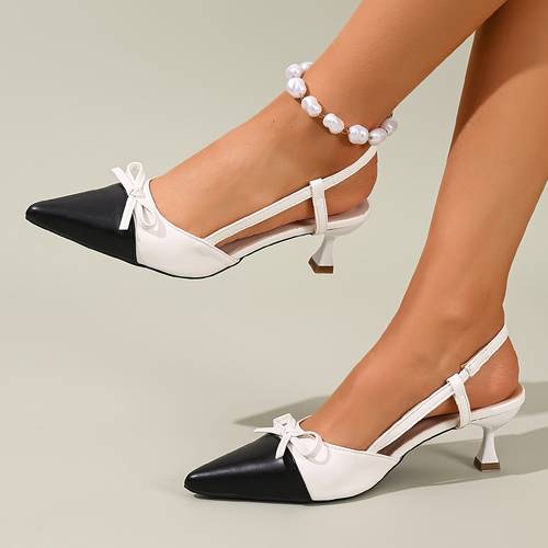 black and white contrast pointed toe high heels womens thin heel backless single shoes 2024 new commuter formal shoes bow decor shallow mouth womens shoes women shoes