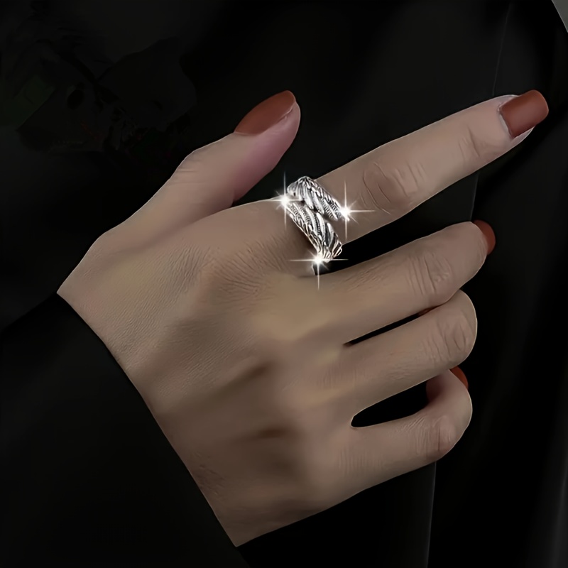 Adjustable Open Feather Ring Men Women Hip Hop Style Copper 925 Silver