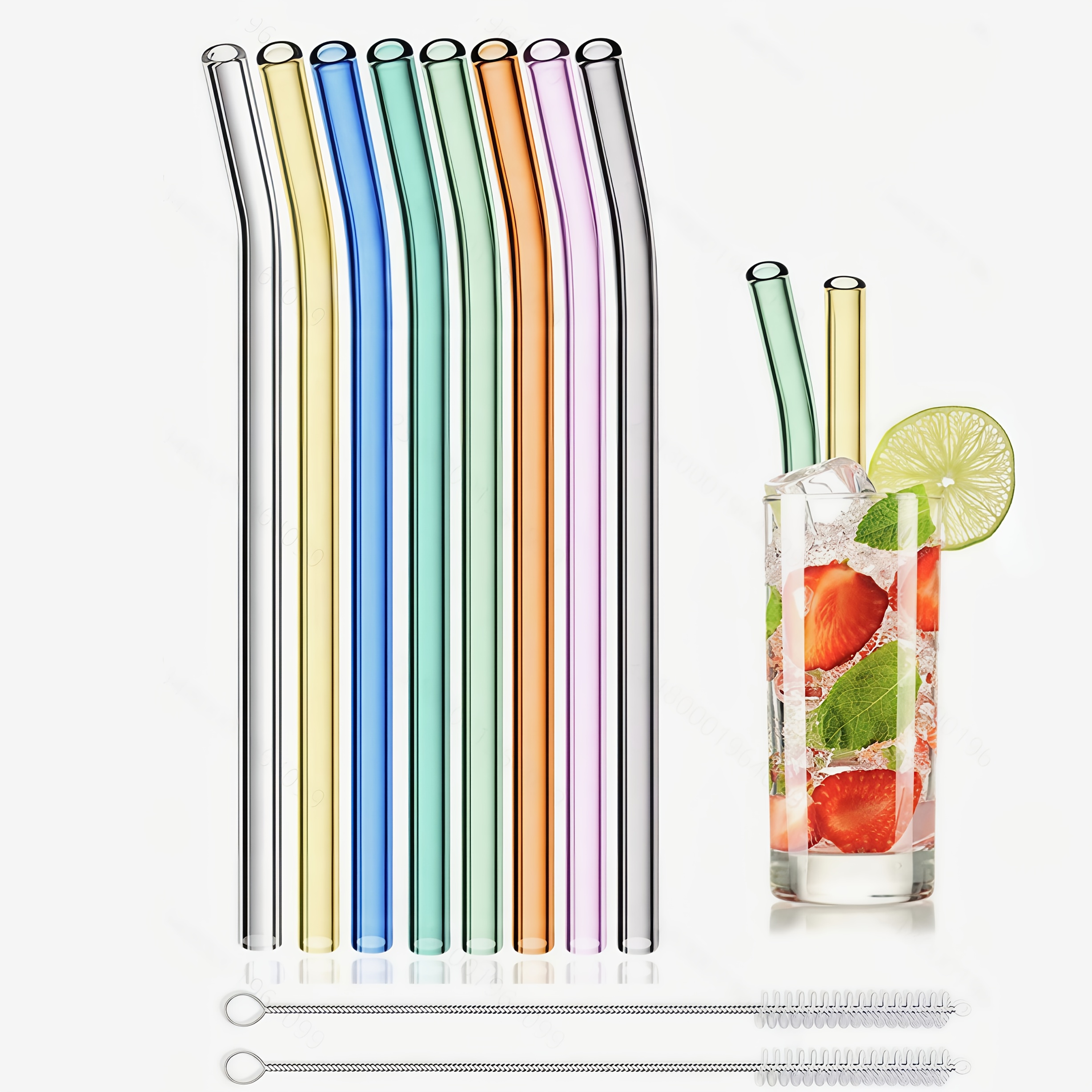 E-shop 8er-Set wiederverwendbare, mehrfarbige Glasstrohhalme mit 2 Reinigungsbürsten – 20 cm (8 Zoll) gerade & gebogene, spülmaschinenfeste Strohhalme