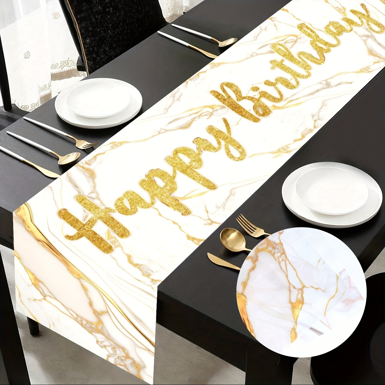 

1pc, Table Runner, White Gold Marble Pattern Polyester Table Runner, "happy Birthday"theme Table Cover, Perfectly Decorated For Coming-of-age Ceremony Birthday Party, Room Table Decoration Supplies