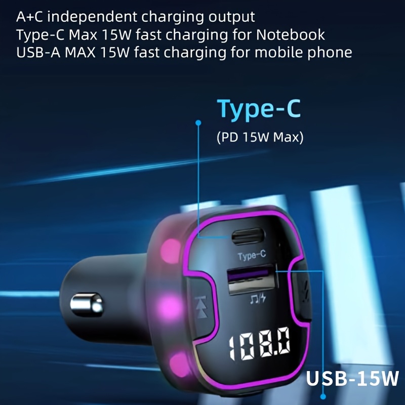 Car Wireless Transmitter with Ambient Light, V5.3 Wireless Technology, 7-Color RGB Display, Hands-Free Calling, Universal Car Charger Adapter, Automotive Charging Accessory, Sleek Gadget Design, Smooth Finish
