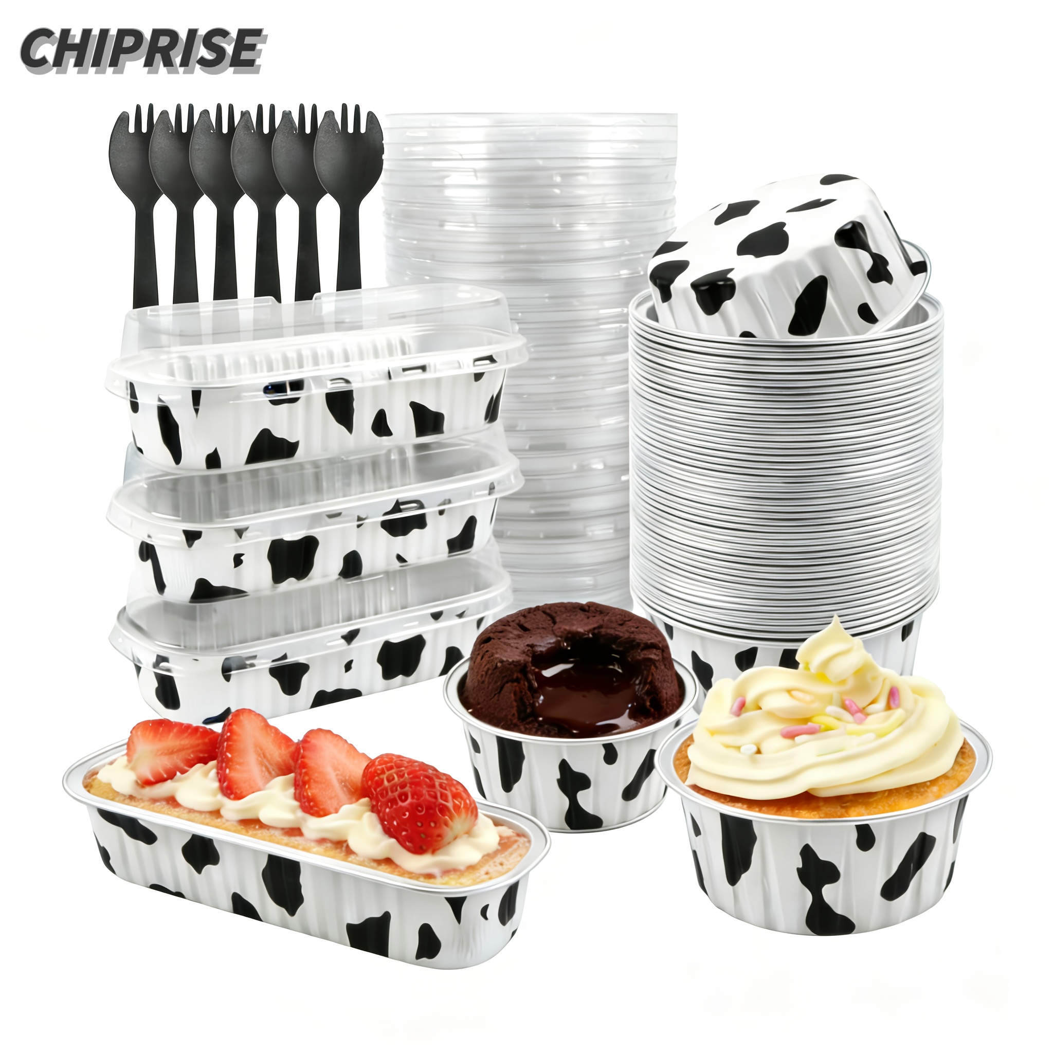 TEMU 160pcs Set (50 Round Cups + 30 Rectangular Cups + 80 Lids). Thickened Aluminum Foil Baking Cups With A Cow Print Design, Ideal For Making