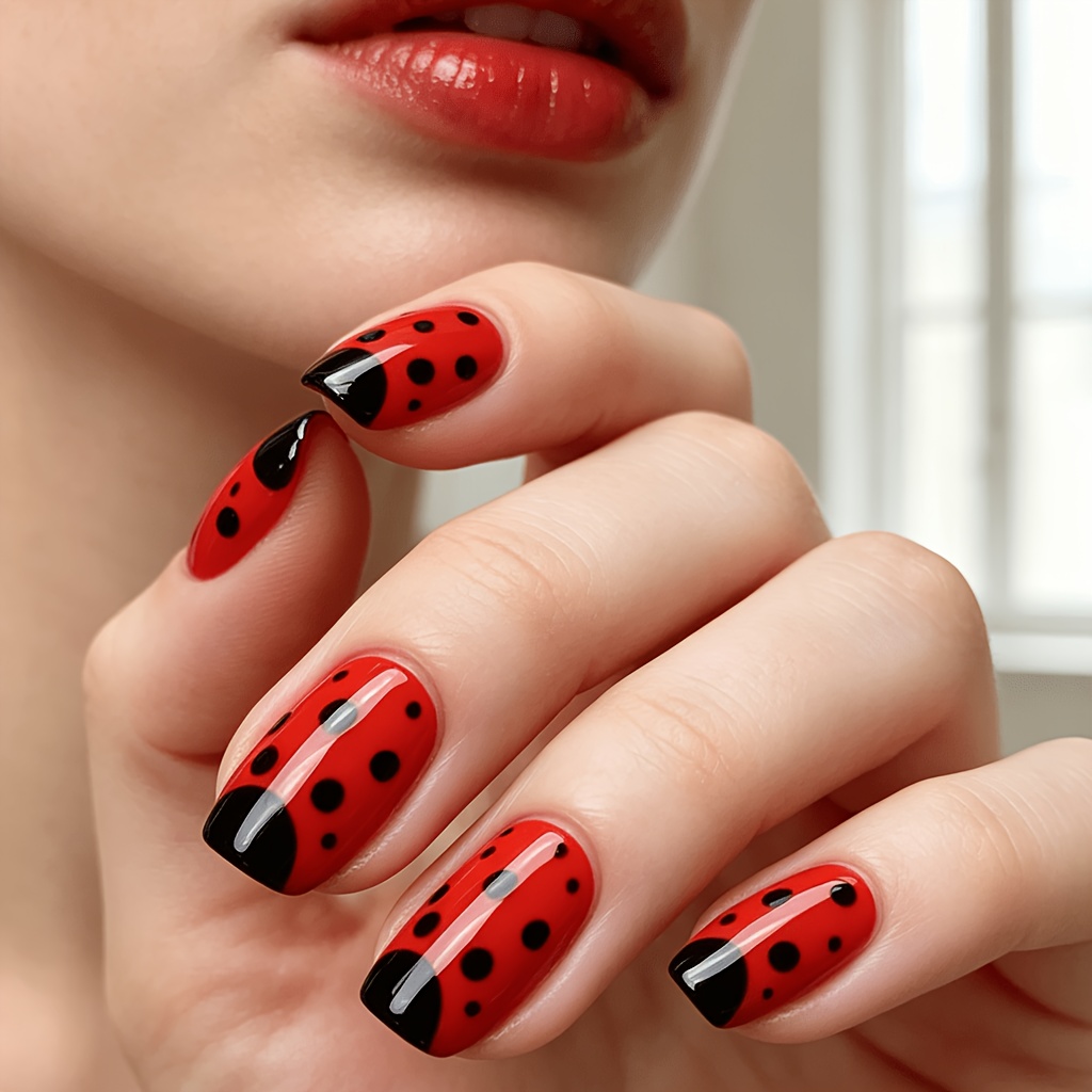 TEMU Red Ladybug Glossy Medium-length Square Fake Nails, 24pcs, Press-on Nail Tips, Y2k Nail Art, Gothic Manicure, Nail Set, Women's Nails, Cute