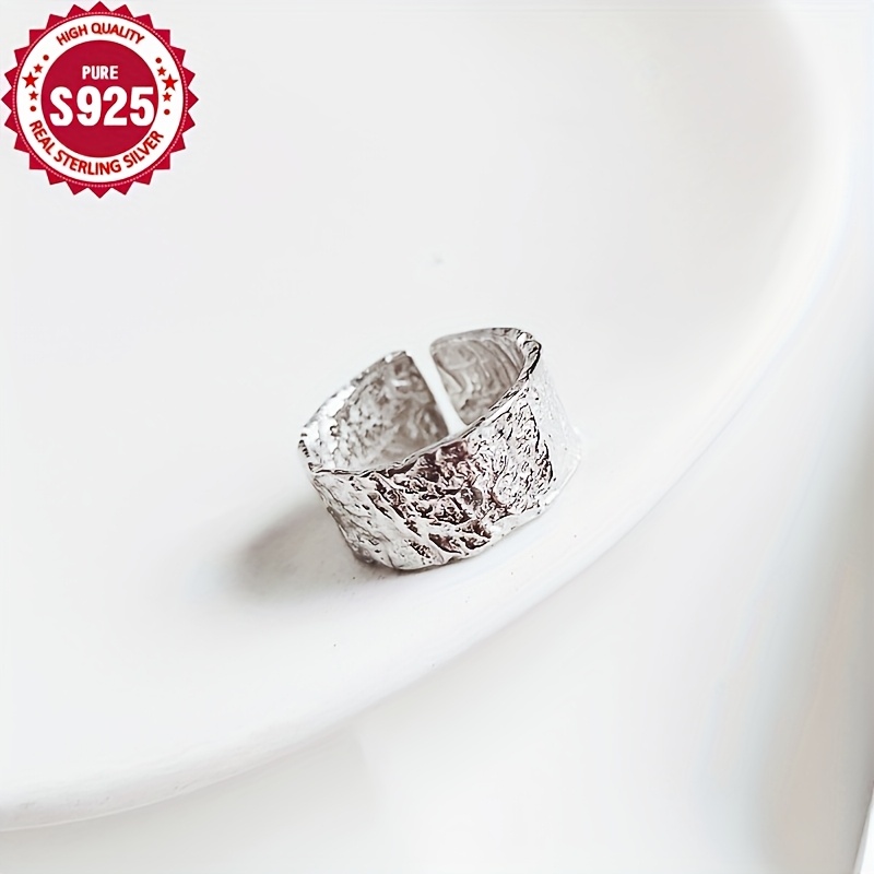 Low Allergy Silvery Textured Wide Band Ring with Tree Pattern Open Ring