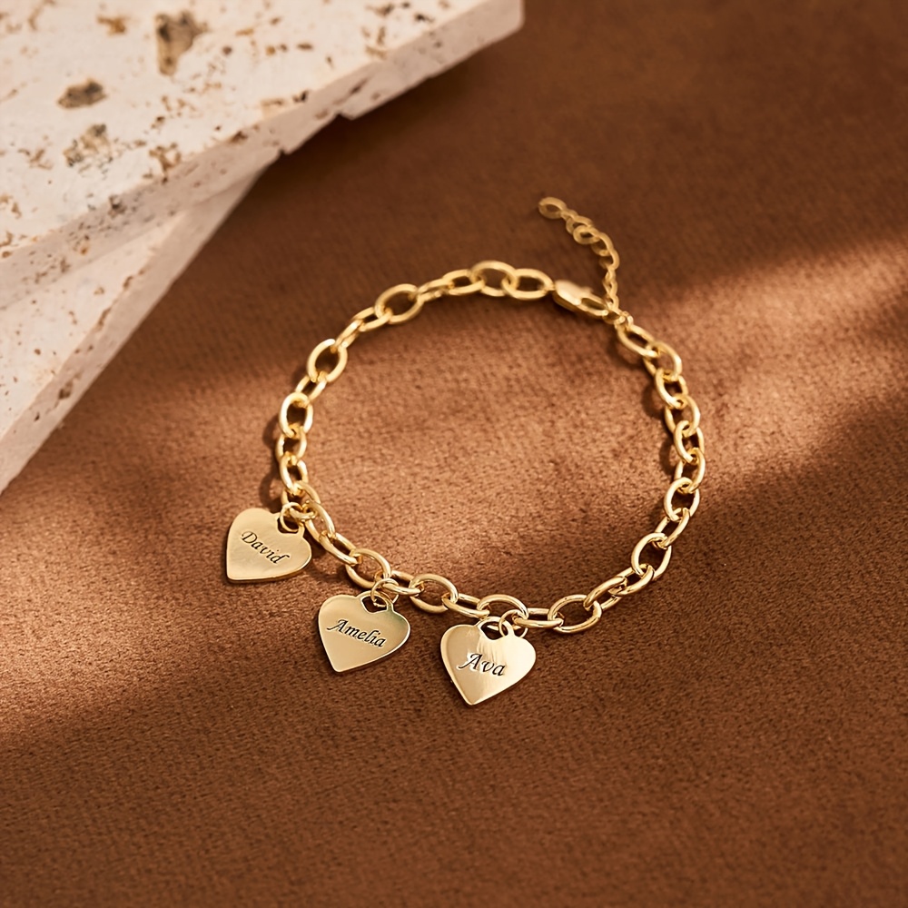 TEMU Personalized Heart Pendant Bracelet, Custom Family Name Bracelet, Engraved Bracelet, Customizable With 3 Names As A Gift For Mom, Mother's Day