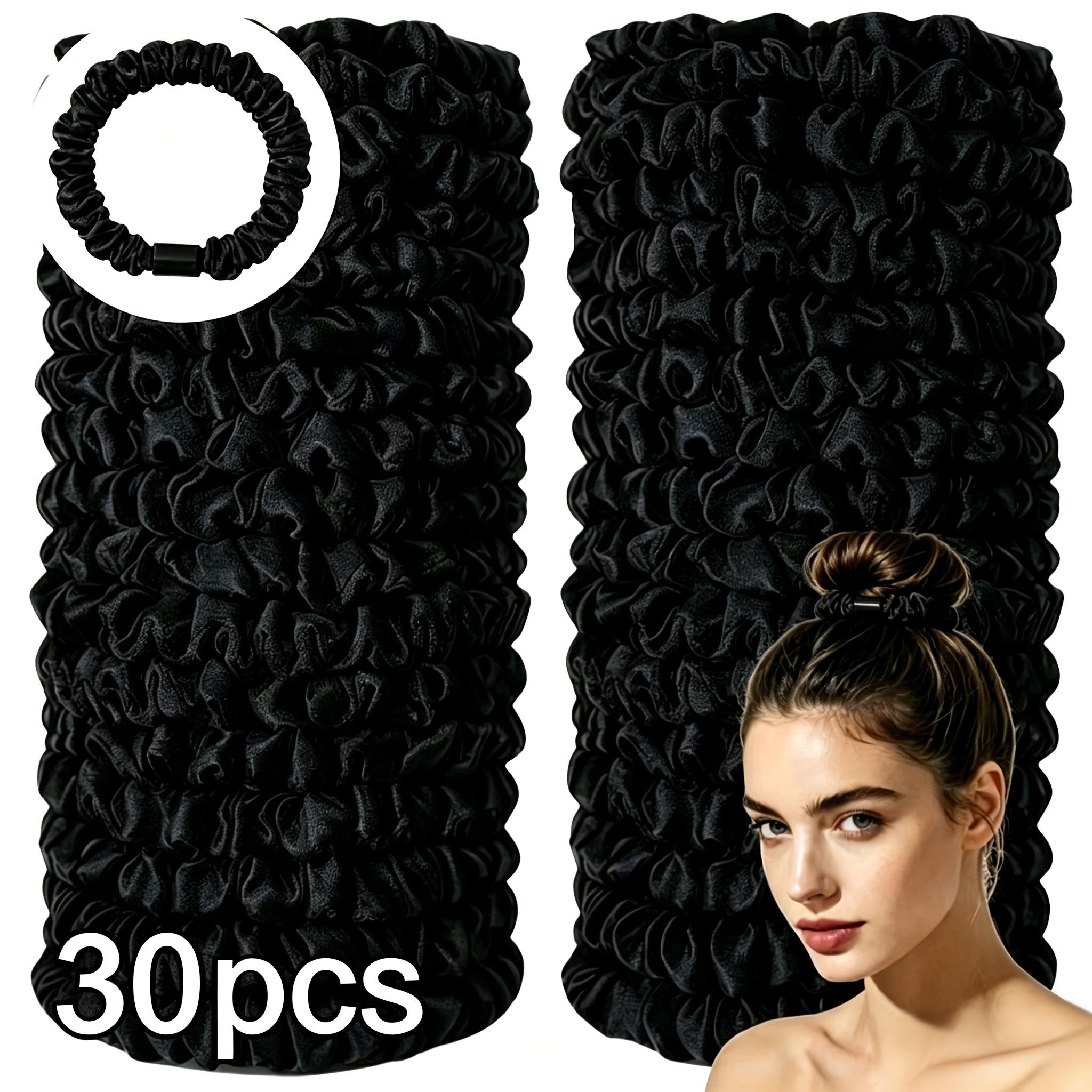 TEMU 30pcs Black Ruched All-match Small Hair Ties, Messy Bun High Low Ponytail Hair Bands Hair Additions