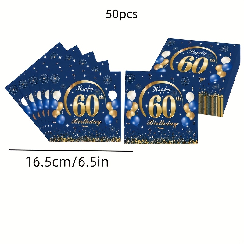 Image of 50pcs Of Navy Blue And Golden Decorations For A Man's 60th Birthday Party, Including 6.5-inch Party Napkins, Celebrating The Man's 60th