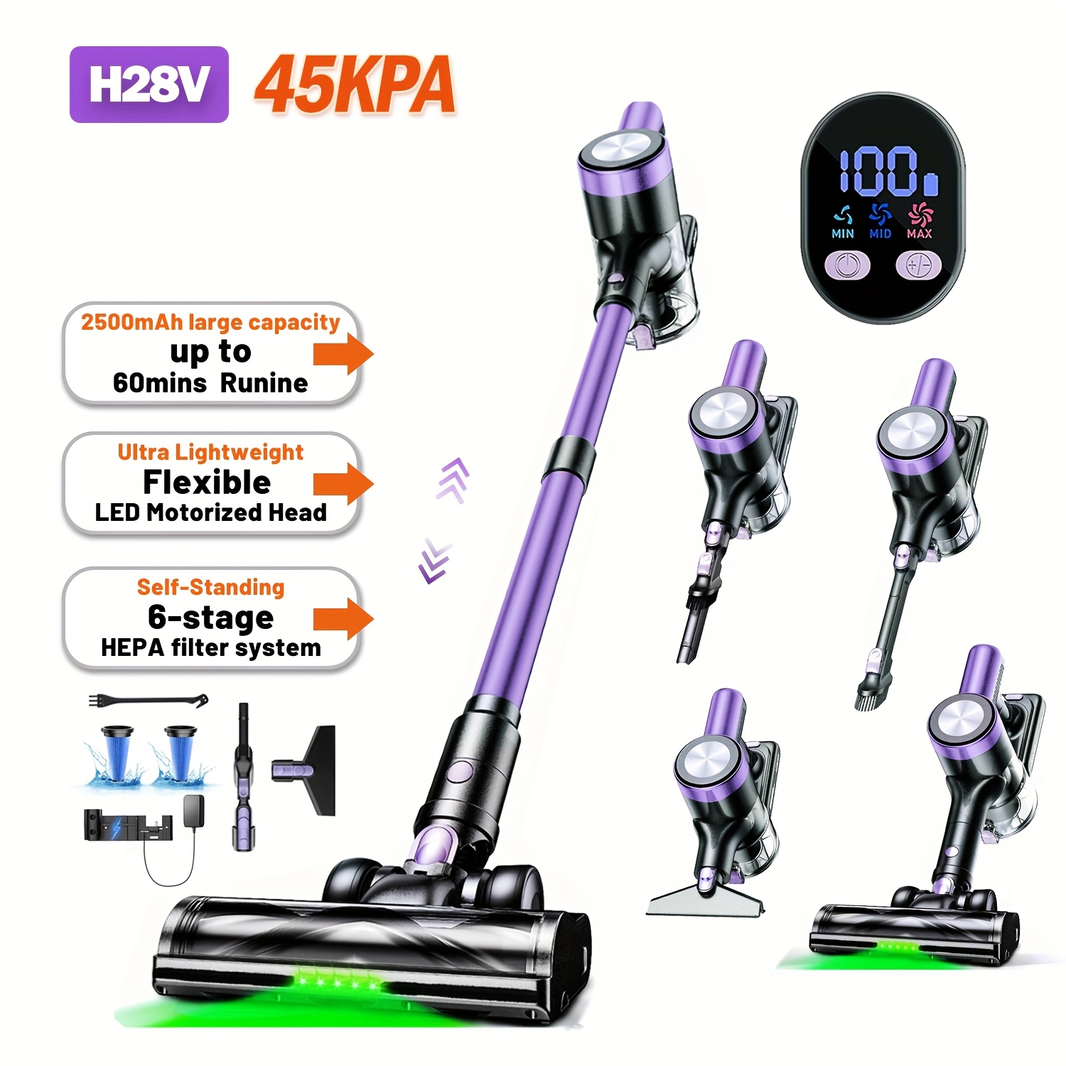 TEMU Wireless Vacuum Cleaner, 45kpa Powerful Vacuum Cleaner, Lightweight And Self-standing, Suitable For Home Use, Led Display, 3 Vacuum , 60-minute