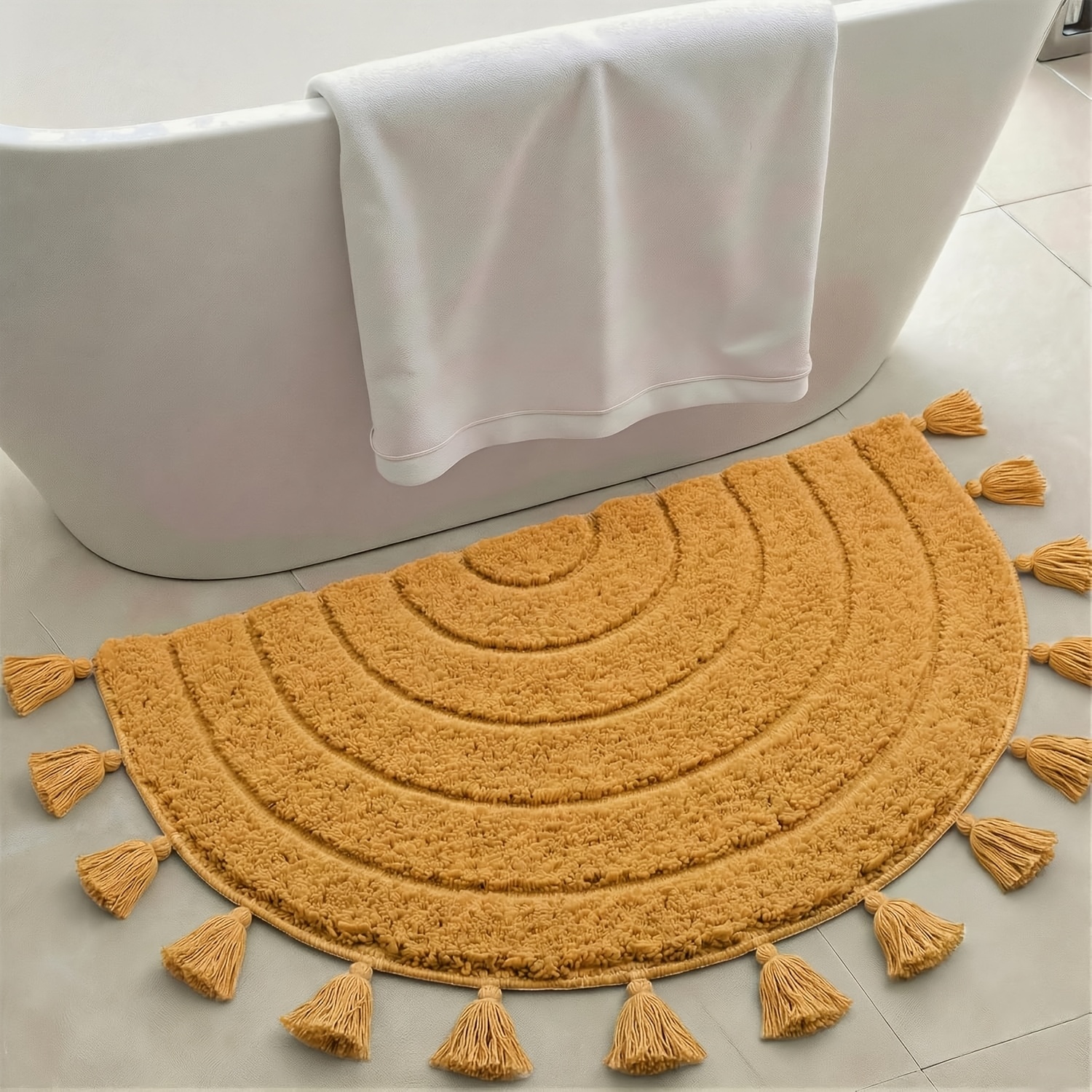 TEMU Boho Bathroom Rugs Non Slip Absorbent Handcrafted Half Circle Cute Bath Mat With Crochet Insert And Tassels Boho Bathroom Decor, Washable Bath