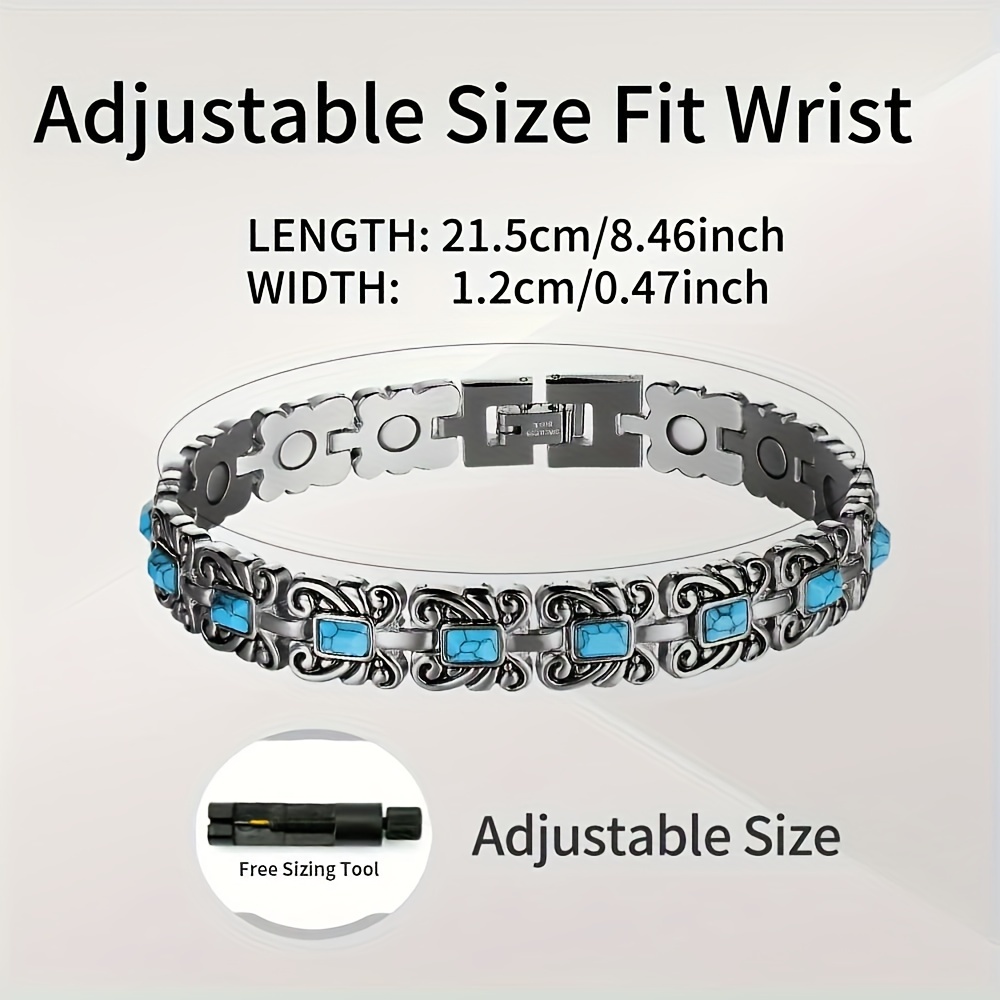 

1pc Magnetic Turquoise Stainless Steel Bracelet For Women And Men, Stainless Steel Magnetic Bracelet With Sizing Tool Magnets Jewelry Gifts