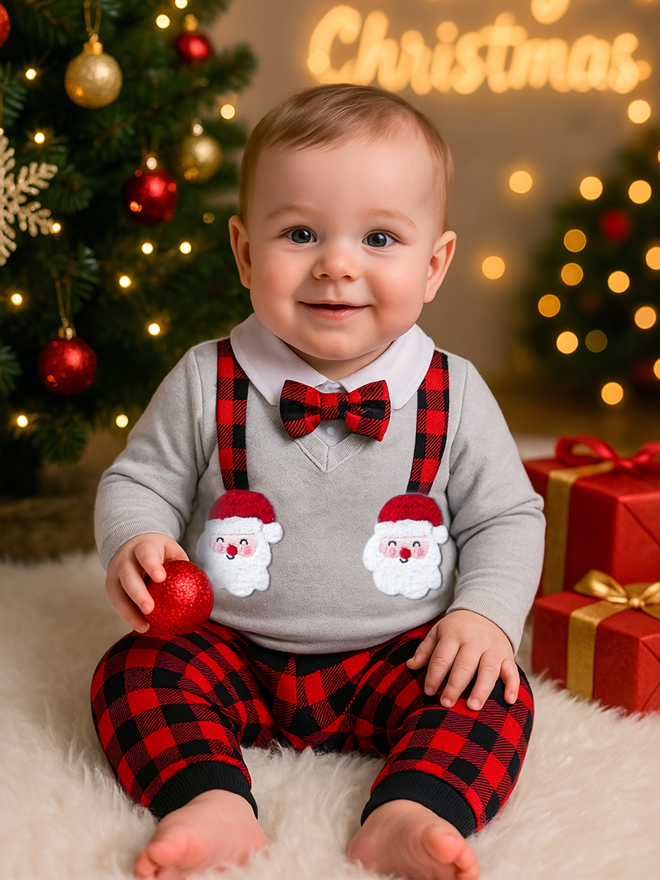 2 stuks Herfst/Winter Kerst Gentleman Romper Set voor Pasgeboren Jongens, Lange Mouwen Romper met Strikje en Rode Geruite Broek + Santa Claus Appliqué
