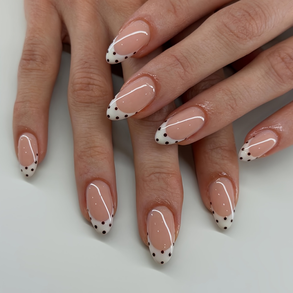 TEMU Paquete de 30 uñas postizas de medianas para prensar, aptas para uso diario, base rosa nude natural con puntas francesas blancas y pequeños
