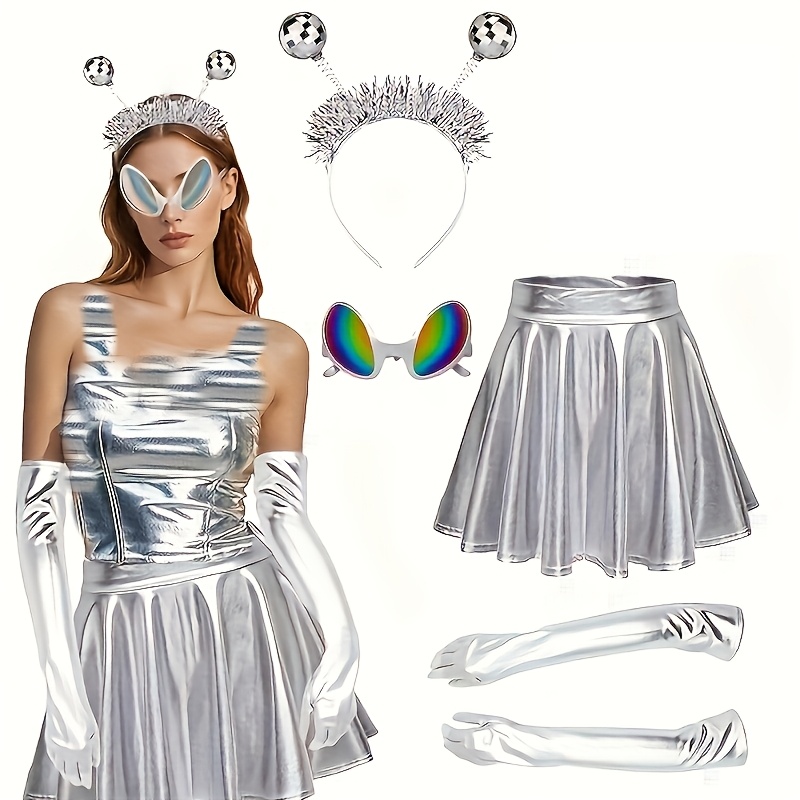 E-shop 4-teiliges -Kostüm für Damen mit Glockenrock & Handschuhen – Komplettes Outfit für Karneval, Mottopartys – Rollenspiel-Kostümzubehör (4 Teile)