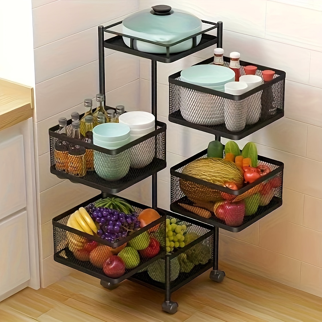 rotating tiered utility cart with wheels multipurpose floor standing storage organizer rack with mesh baskets easy assembly space saving for kitchen living room bathroom details 0