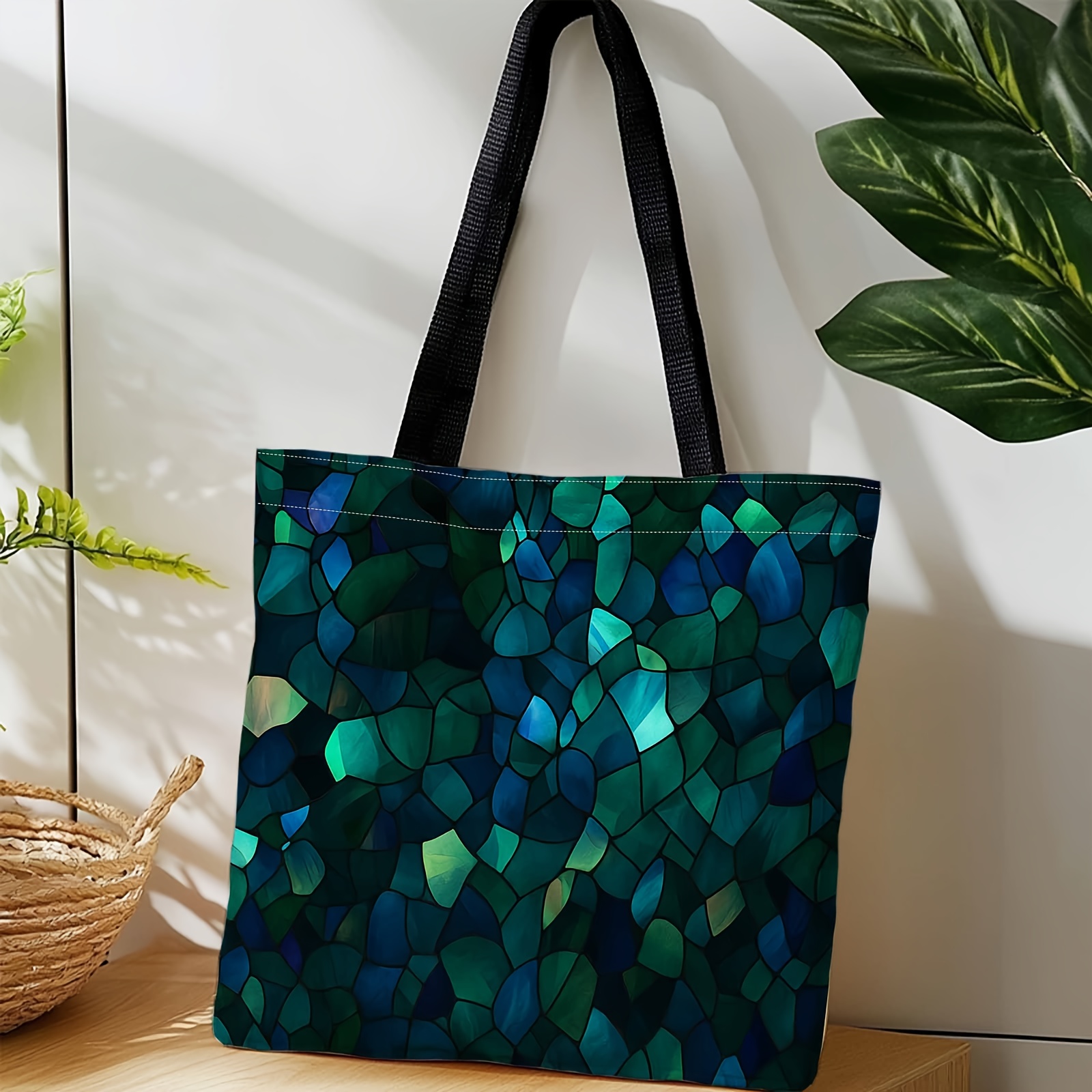 TEMU Women's Turquoise Blue & Emerald Green Stained Glass Tote Bag - Lightweight Foldable Casual Handbag With , Machine Washable Durable Shoulder Bag
