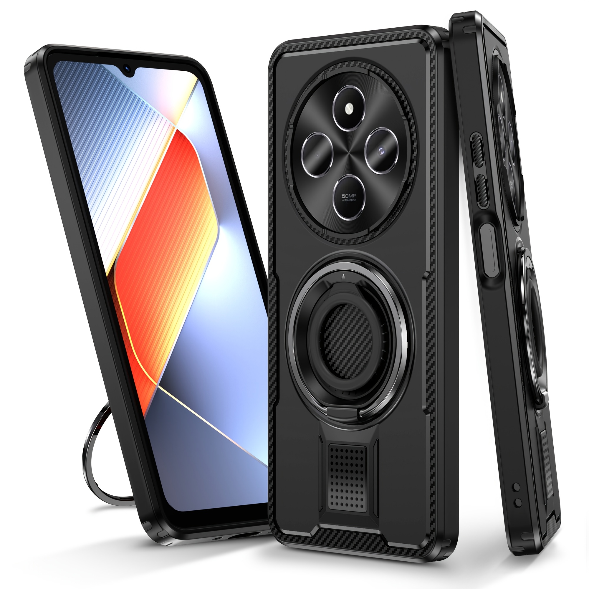 TEMU Phone Case: This Case Is Designed For Redmi 14c Phones. It Features A Hidden Built-in 360° Rotating Stand And Ring. -layered Shockproof And