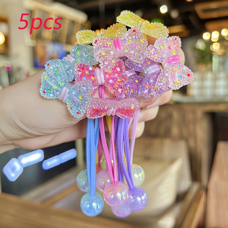 TEMU 5/10pcs Colorful Sugar Bow Hair Ties For, Colorful Cute Beaded Women's Hair Bands, Ponytail Hair Additions, High-elasticity Rubber Bands, Gifts