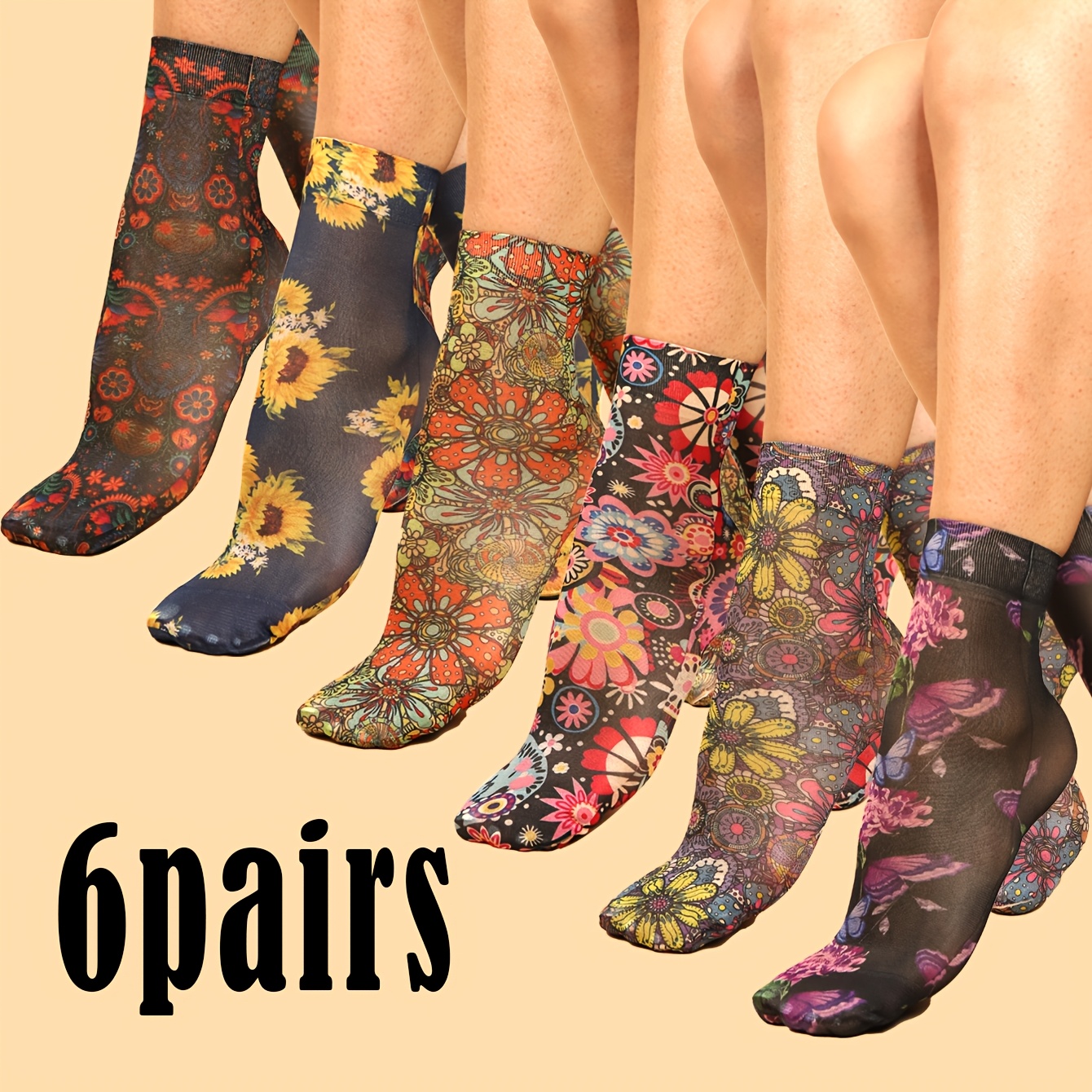 TEMU 6 Pairs Floral Print Women's Short Socks, Random Print Women's Mid-calf Socks