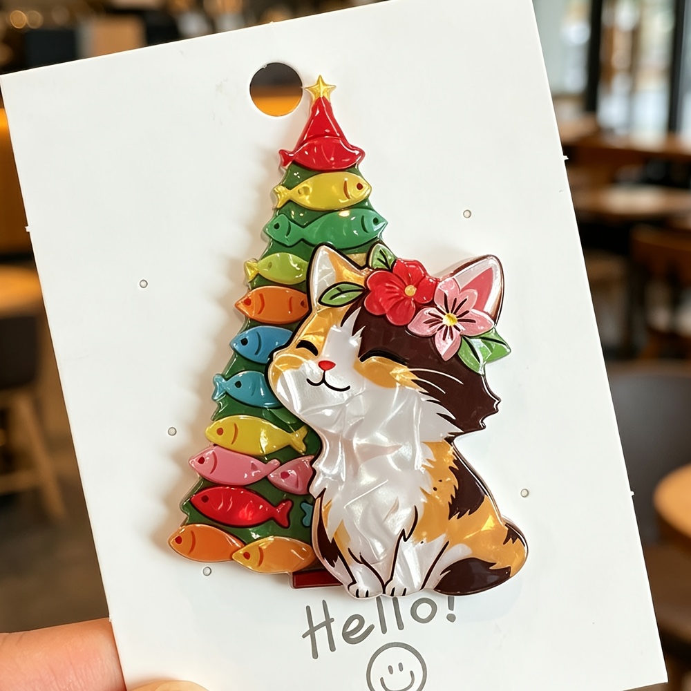 TEMU 1pc Cute Christmas Calico Cat Acrylic Brooch, Cartoon Christmas Tree And Little Fish Pin