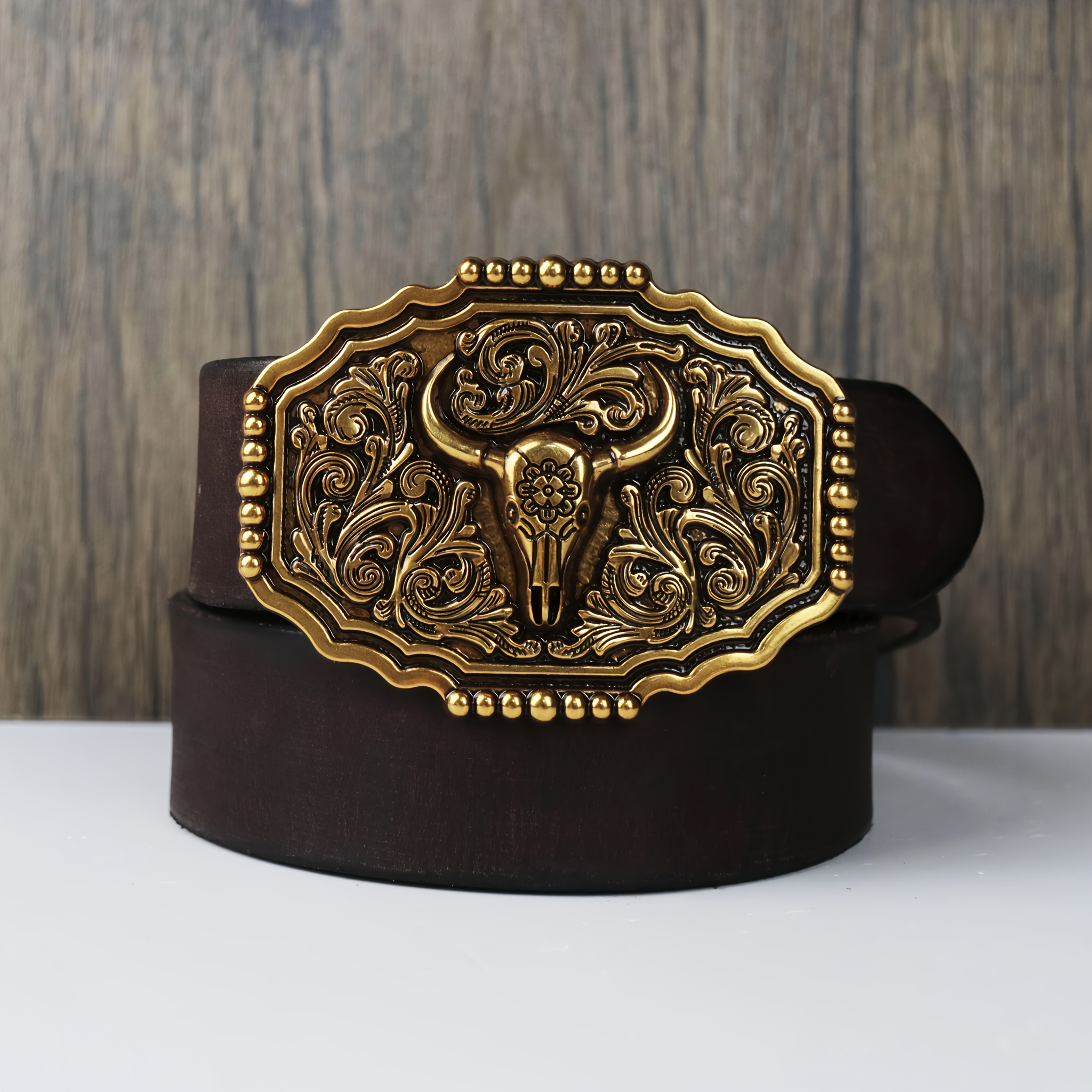 Western Vintage Wild - Stil Pristni Usnjen Pas - Z Vintage - Medeninasto Izrezljano Bika - Kovinska Zaponka z Glavo - Mešanica Divje