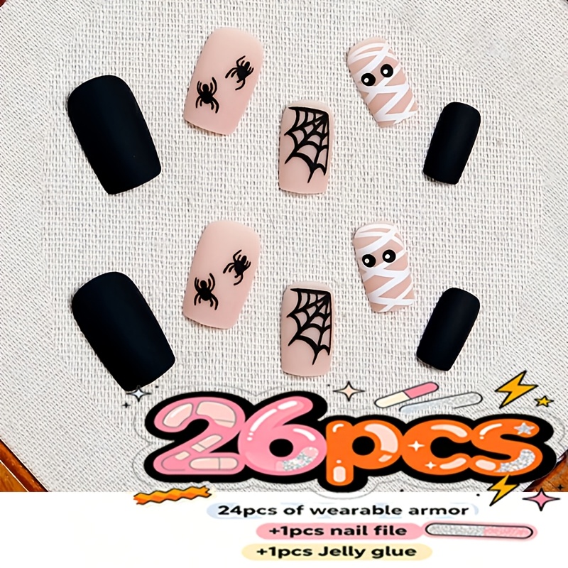 TEMU 24pcs Halloween Dark Y2k Press On Nails, Pattern, Fake Nails, With Jelly Glue And Nail File, For Women Daily Holiday Party, Nail Supplies