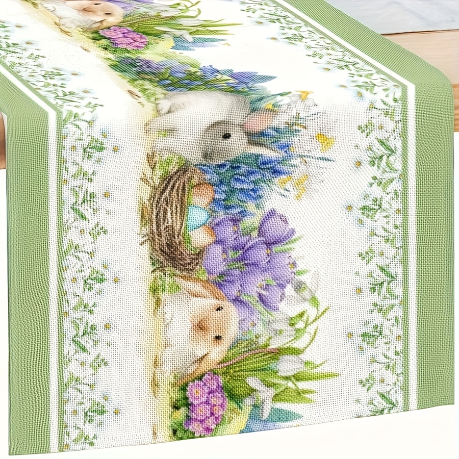 TEMU Bandierina da primaverile con coniglietto e fiori, in tela di iuta con fiori, uccelli, uova, foglie, decorazione stagionale per tavolo da cucina