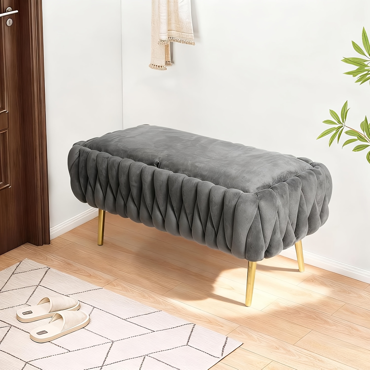 TEMU Storage Bench, Velvet, Upholstered Bed Bench, Storage Chest, 105 Cm, Golden Metal Legs, Load Capacity Up To 300 Kg, For Hallway, Entrance Area,