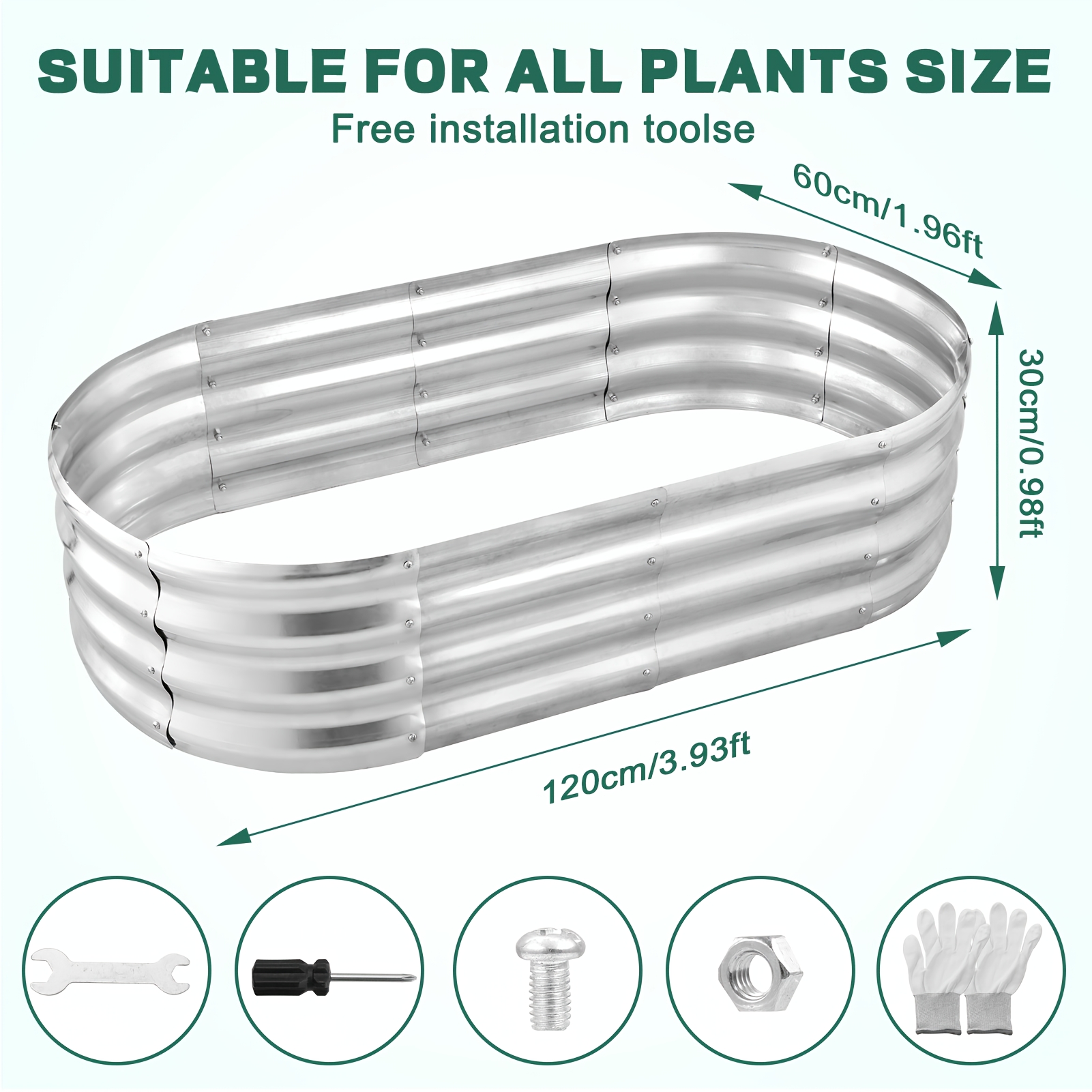 TEMU Oval Raised Planter Box | Deep Large Elevated Garden Flower Bed, Polished Metal, Contemporary Style, 120x60x30cm For Outside Garden Lawn Yard