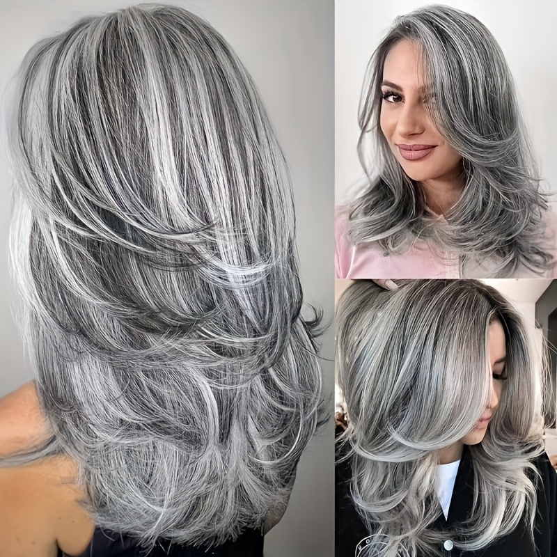 

Elegant Grey Highlighted Wavy Mid-length Wig For Women – High-temperature Synthetic Fiber – 150% Density – Adjustable Rose Net Cap – Versatile Style For All Ages