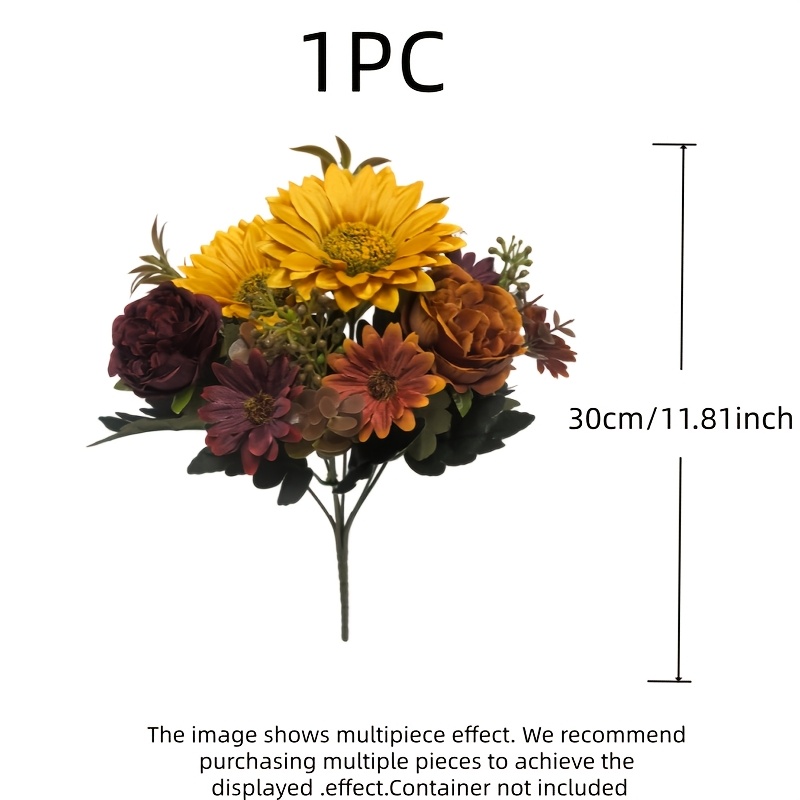 Image of 1pc Warm Autumn Sunflower Artificial Bouquet, Orange-yellow Wine Red Peony Small Chrysanthemum Fake Flowers, Autumn Home Decor , Thanksgiving Halloween Table Centerpiece, Suitable For Home Decoration