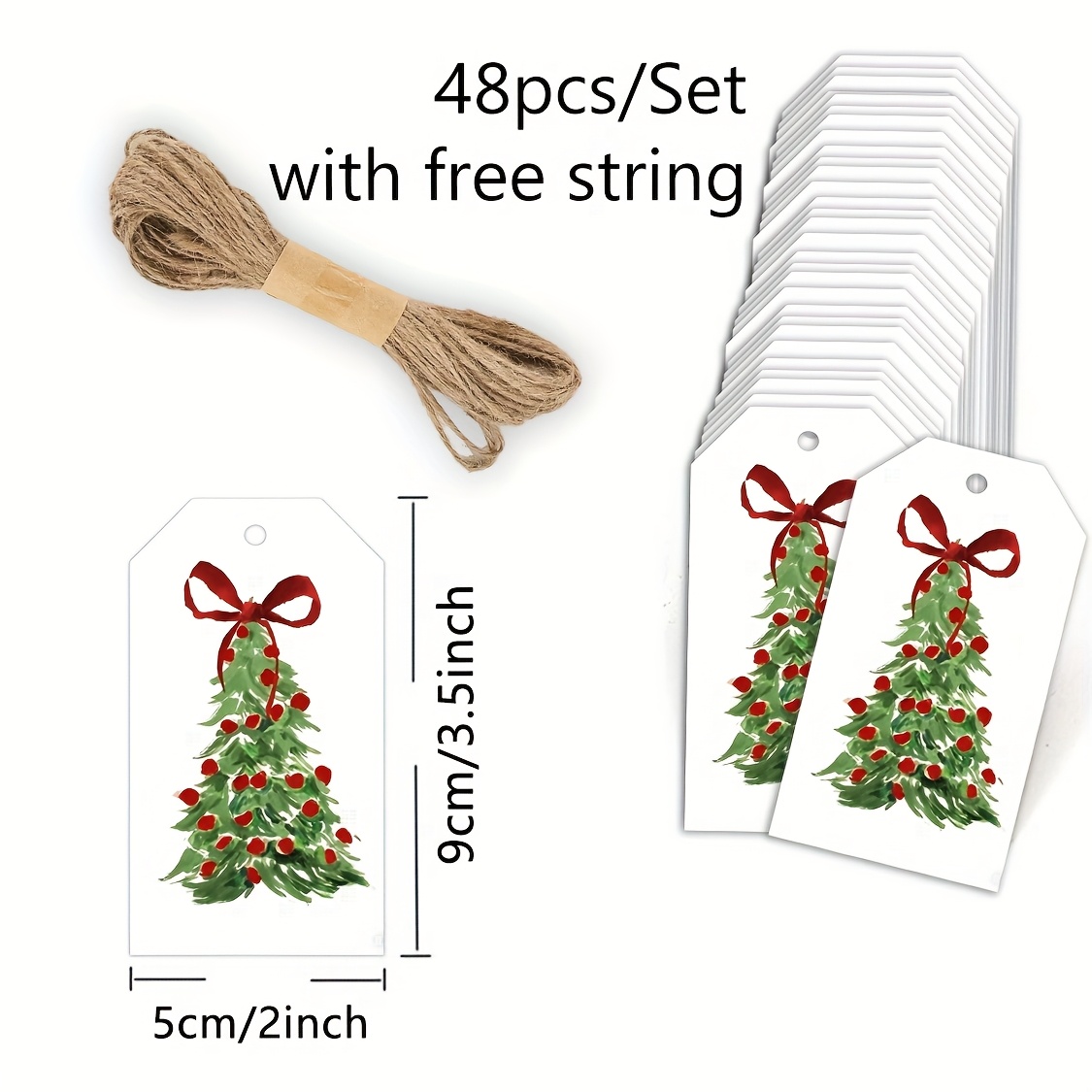 TEMU 48pcs, Watercolor Christmas Tree Gift Tag With Red Bow, Merry Christmas Favor Tags, Holiday Party Decoration, Xmas Presents, Party Favors, Gift