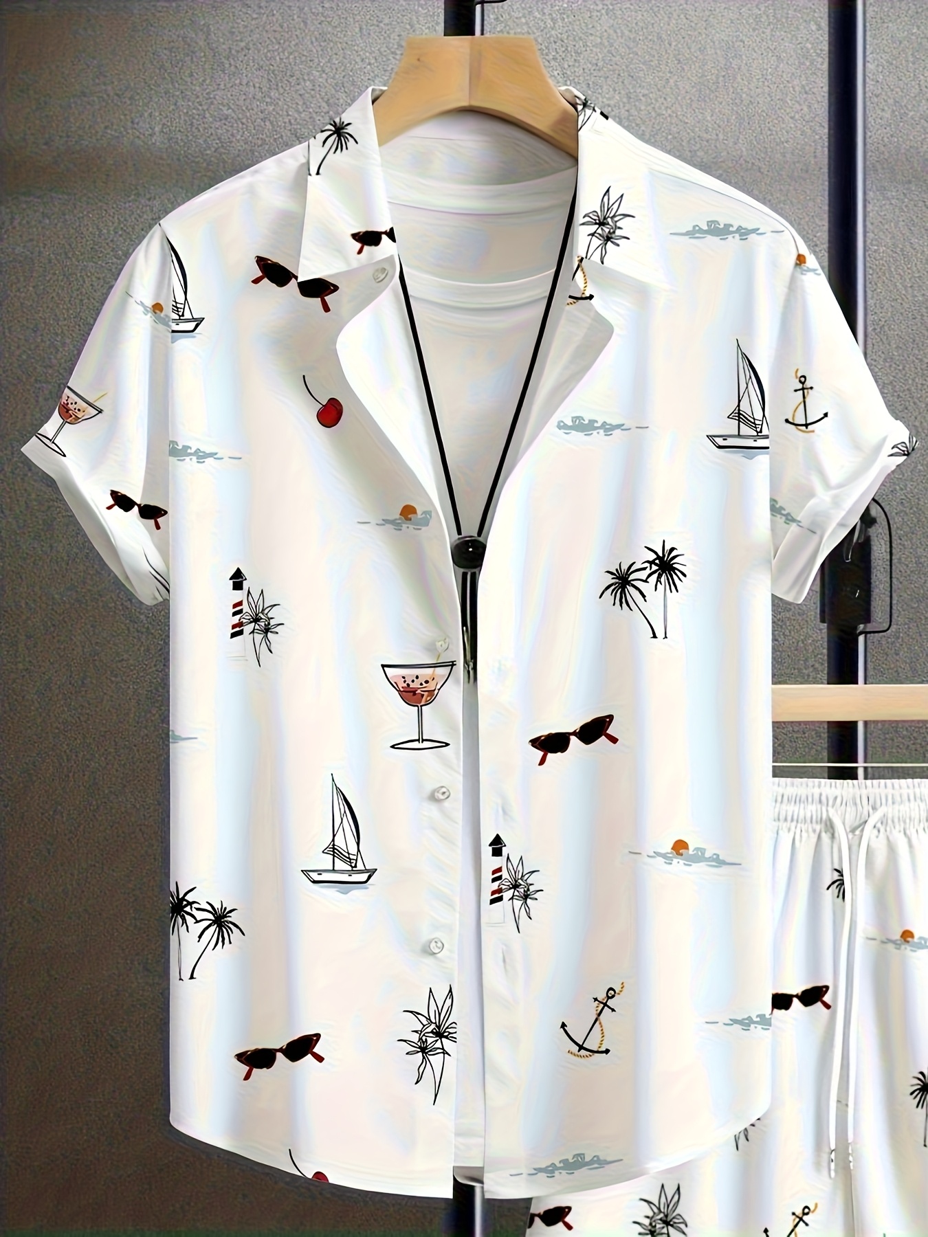 Men's Fashion Summer Printed Collar Shirt Set - Comfortable Short Sleeve Shirt with Pocket Drawstring Shorts, New Summer Casual Loose Fit Round Neck T-Shirt, Suitable for Spring and Summer Wear, Comfortable for Daily Use