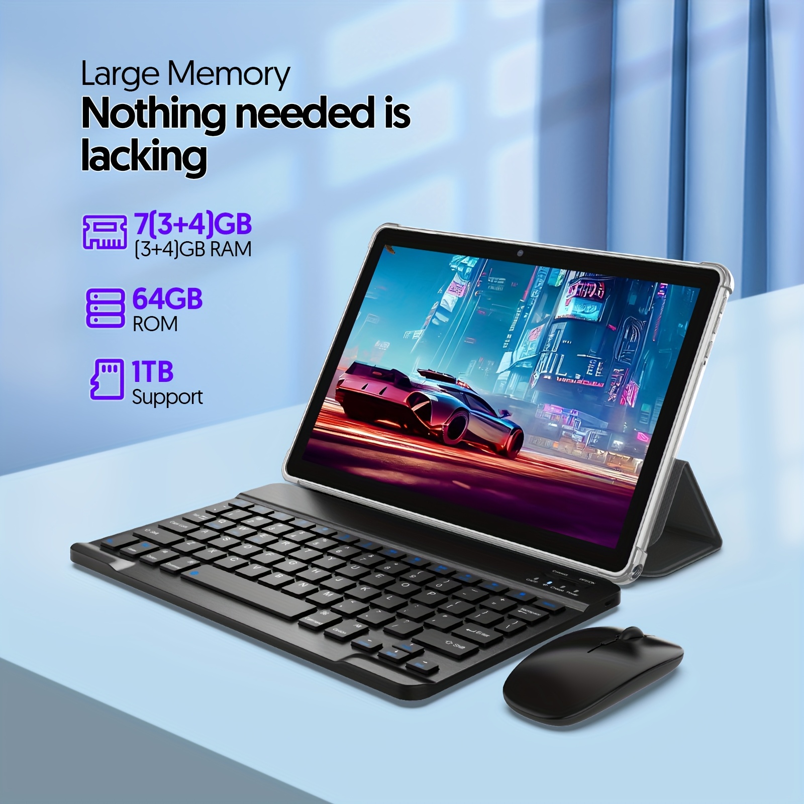 Tablet de 10 pulgadas, Tablet Android, 2 en 1 con Teclado, Funda, Lápiz Óptico, 64GB ROM, 3GB RAM Expansión de 1TB, Procesador de Cuatro Núcleos, Cámara Dual de 2MP+8MP, Wifi, 6000mAh, Pantalla Táctil IPS de 1280*800, Tablet para Trabajar en Casa, Tablet para Estudiar, Diseño Ele