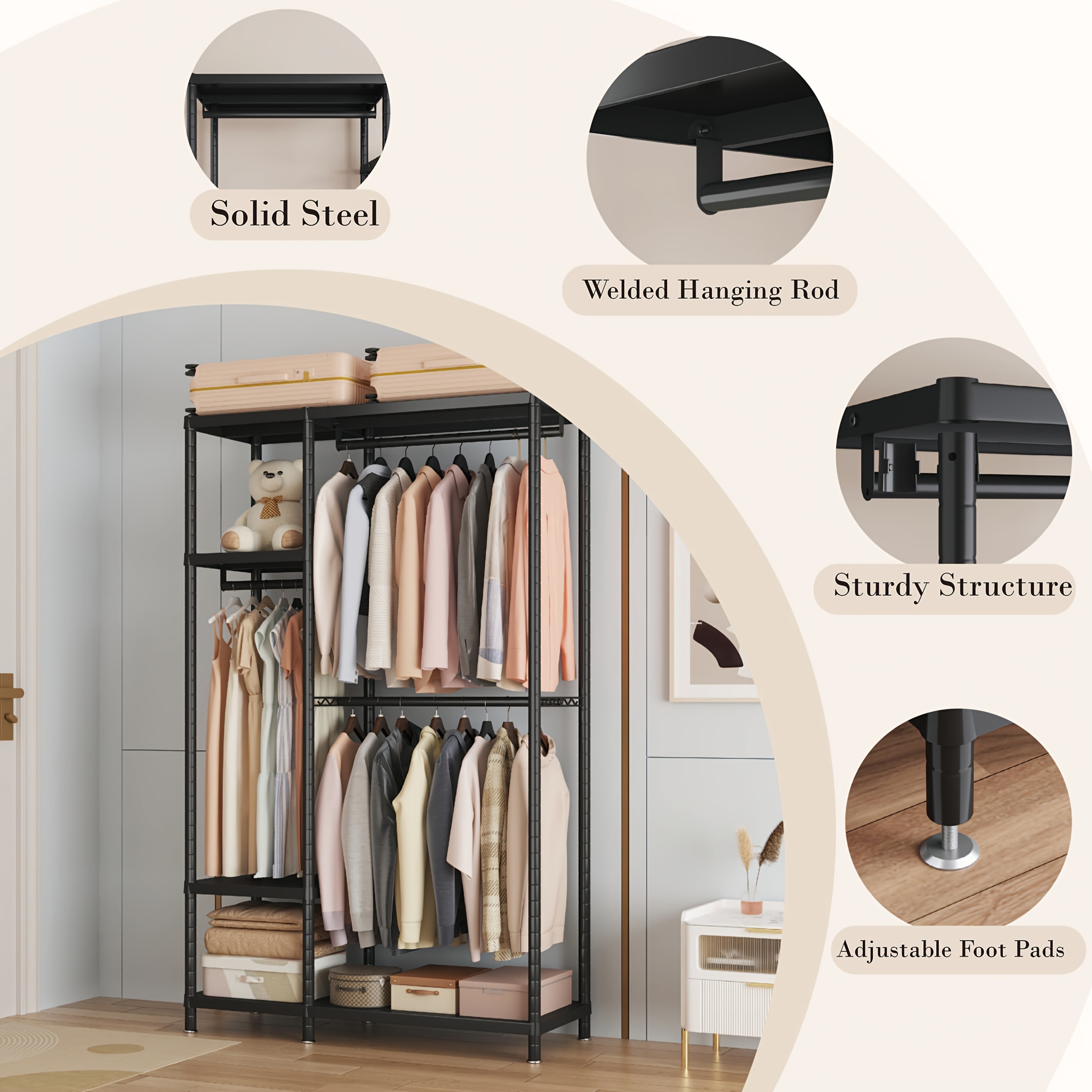 Metal Clothing Rack Heavy Duty 4-tier, Freestanding Clothes Rack With 6 Shelves & 3 Carbon Steel Hanging Rods, Large Capacity 800+ Lbs, Portable Closet Organizer, Black 76.8" X 15.7" X 45.3"