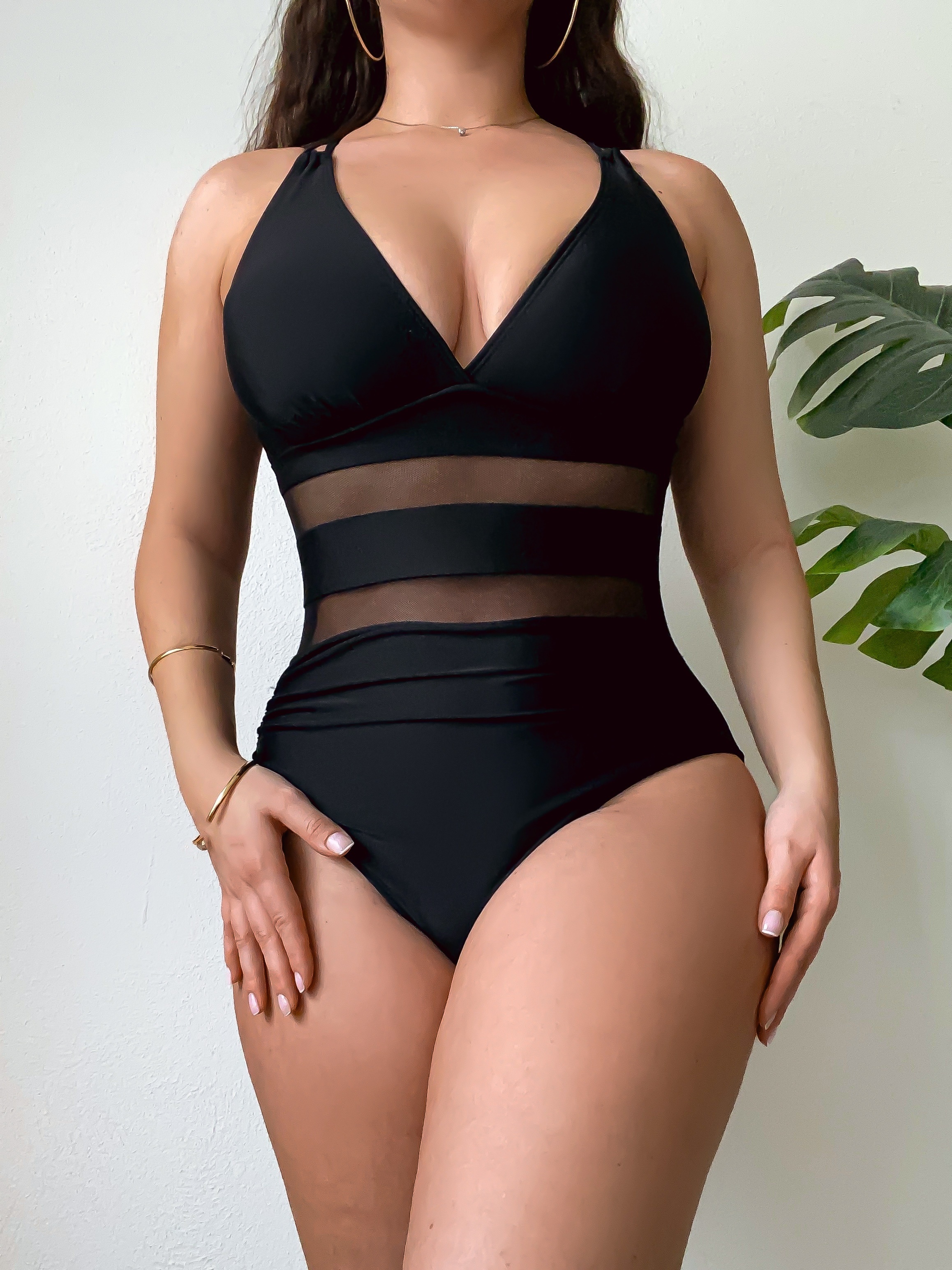 contrast mesh sexy one piece swimsuit v neck high cut - Temu