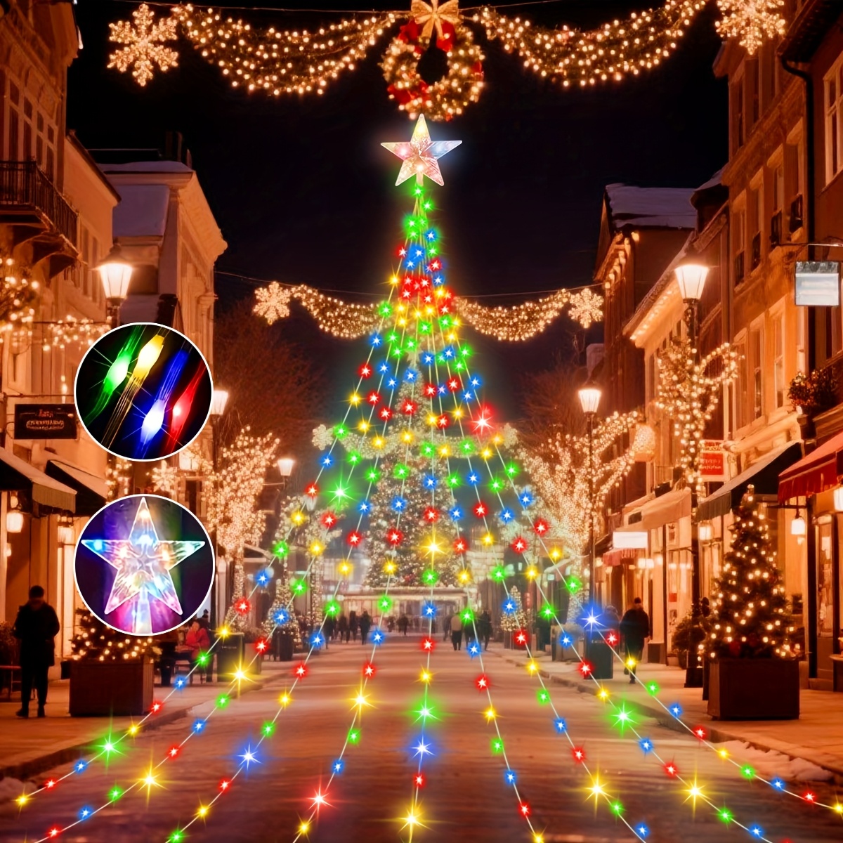 TEMU 1pc Solar Christmas Decoration Lights, Led Waterfall Christmas Tree Lights With Star Topper, 8 Indoor Outdoor String Lights For Yard, Party,