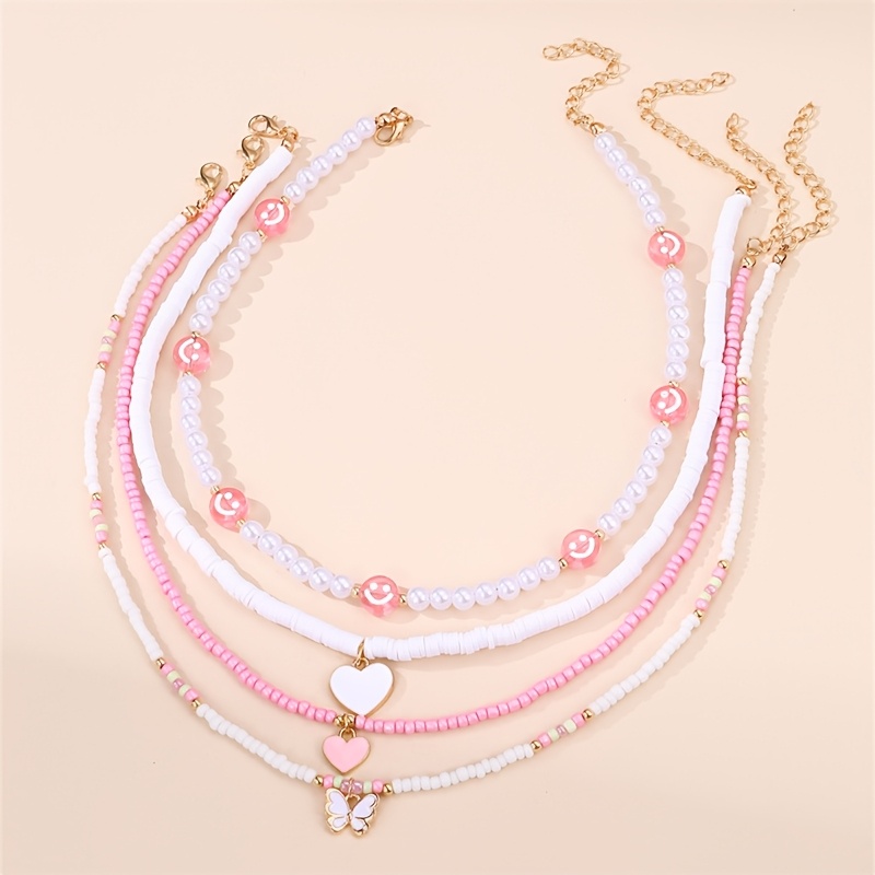 TEMU 4pcs Cute Pink Polymer Clay Rice Bead Necklace With Heart And Pendant, Women's Fashion Sweet Versatile Jewelry