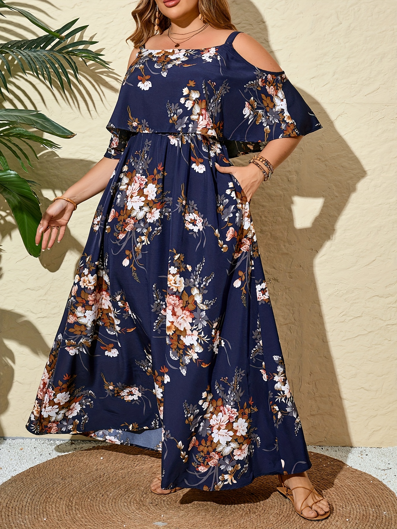 boho style long women off shoulder maxi dress Boho Off Shoulder Floral Maxi Dress – Blue Strapless Summer Dress in Dark Blue | Women's Boho Fashion | XL