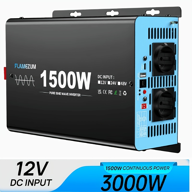 Image of 1500w Inverter 12v To 230v Voltage Converter Pure Sine Wave With 2 Ac Outlets, Usb Port, Usb-c Port, Lcd Remote Control - For Truck, , Power Outage, Travel