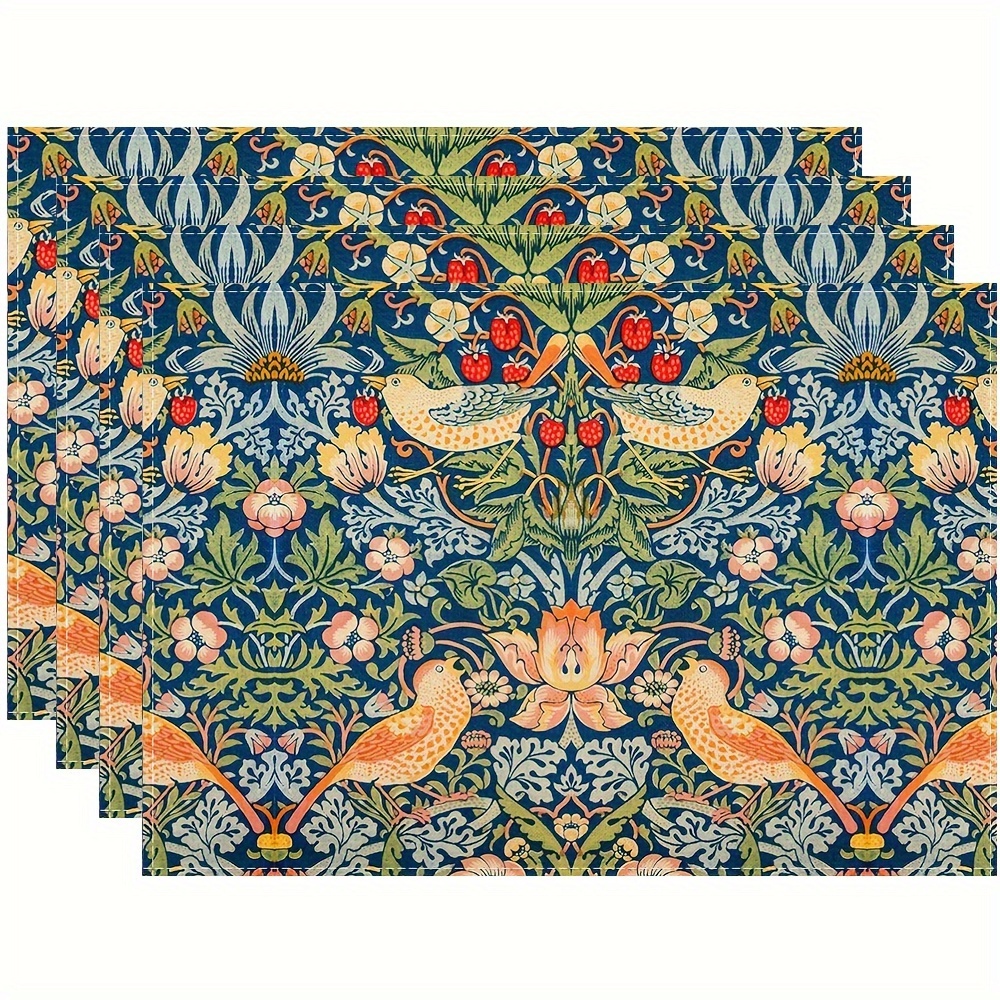 

1pc/4/6pcs Strawberry Blue Green Placemats, Chinoiserie Floral Bird Colorful Linen Washable Table Mats, Stain Heat-resistant Desktop Decor, Placemat For Home Kitchen Dining Party