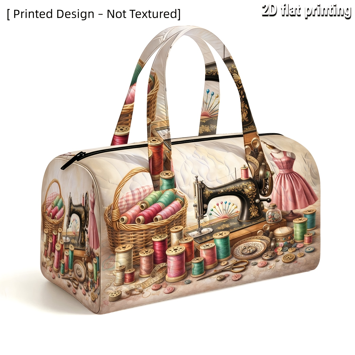 TEMU [2d Printed Design - Non-textured] Retro Sewing Machine Printed Themed Quilted Travel Bag, Unisex Fashion Luggage Bag, Printed Large Capacity