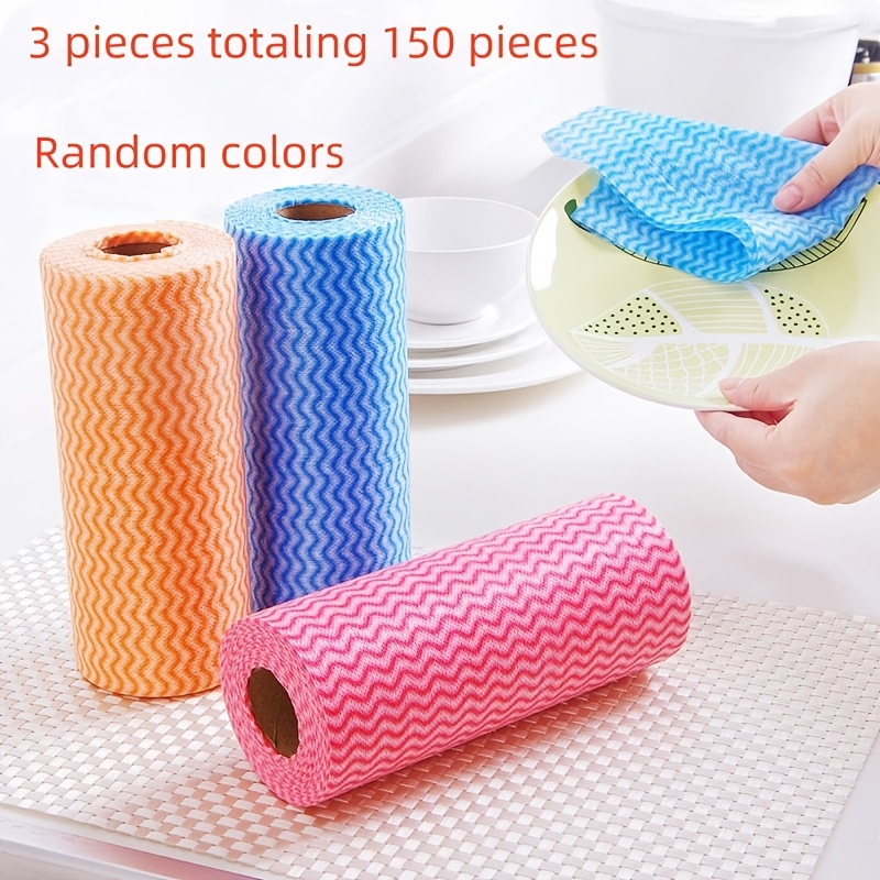 TEMU 3 rollos/150 hojas de paño de limpieza práctico - Para uso y húmedo, engrosado, multiusos, para cocina, , baño, colores aleatorios, no requiere