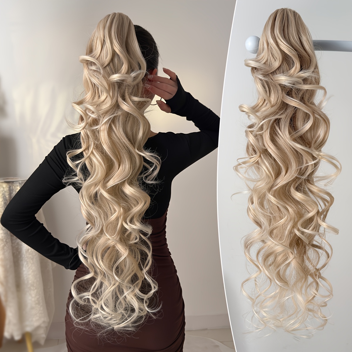 TEMU Claw Ponytail Extension Hair Ombre 28 Inch Long Body Wave Heat Resistant Fiber Synthetic Ponytail Hairpiece For Women Used