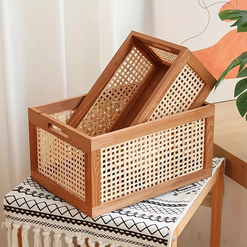 

Japanese-inspired Rattan Storage Basket, Vintage Style, Multi-purpose For Kitchen Fruit, Picnic, Bathroom Organizer, Light Luxury Portable Design With Handle